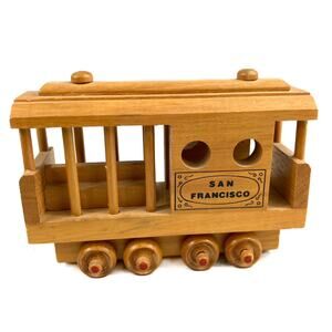 Vintage Rolling Wooden San Francisco Trolley Car with painted Wheels Shelf Size